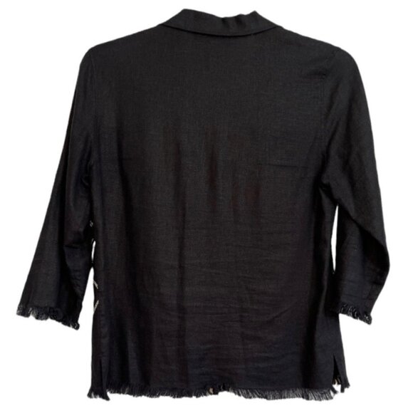 REQUIREMENTS Women's Linen Blend Black Beaded Button Blouse Medium Embroidery - Picture 2 of 13